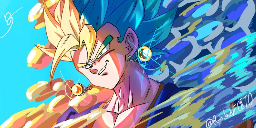1boy blonde_hair blue_background blue_hair blue_shirt dragon_ball dragon_ball_super dragonball_z earrings glint green_eyes highres jewelry male_focus medium_hair multicolored_hair muscular muscular_male orange_shirt potara_earrings ryo_lovevegito shirt smirk solo spiked_hair super_saiyan super_saiyan_1 super_saiyan_blue twitter_username two-tone_hair upper_body vegetto