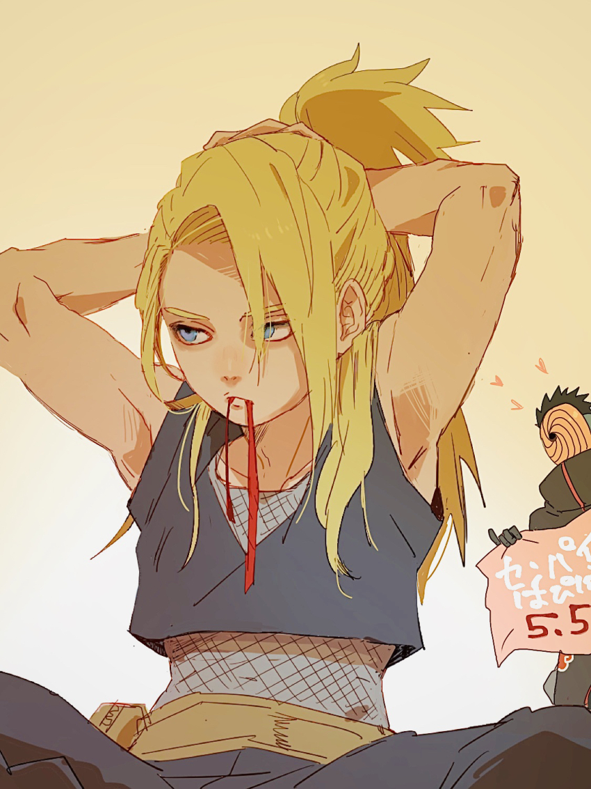 2boys adjusting_hair akatsuki_uniform armpits arms_up black_hair blonde_hair blue_eyes deidara_(naruto) highres holding long_hair male_focus meitarou mouth_hold mu00e1s multiple_boys naruto_(series) naruto_shippuuden short_hair tobi_(naruto) uchiha_obito
