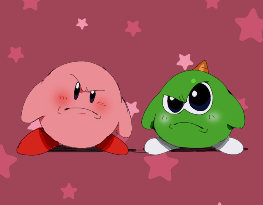 bendedede blue_eyes blush closed_mouth company_connection crossover frown gimmick! horns kirby kirby_(series) looking_at_viewer monster nintendo no_humans raised_eyebrow serious single_horn smile standing star_(symbol) yellow_horns yumetaro
