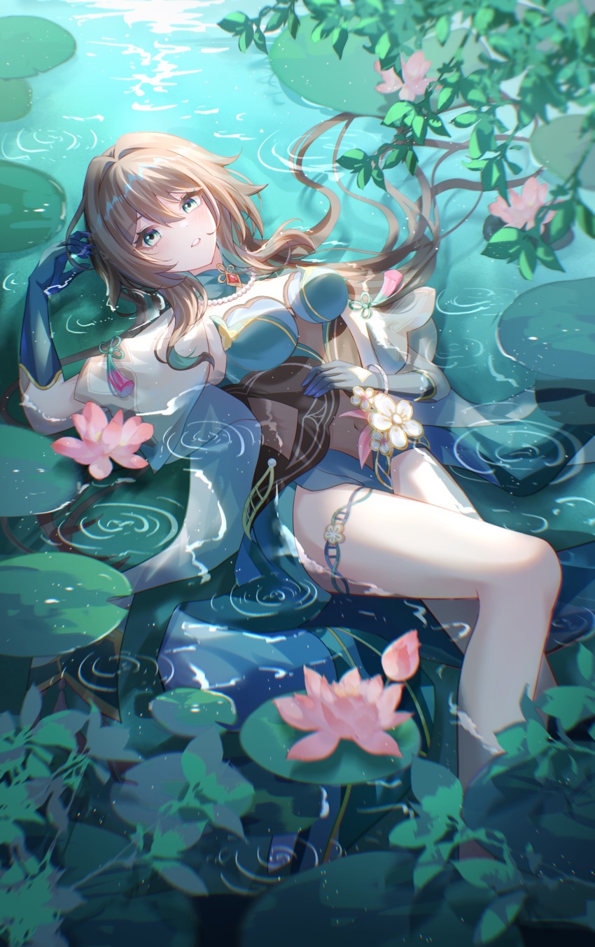 1girl absurdres aqinorz bare_legs brown_hair flower green_eyes hair_between_eyes highres honkai:_star_rail honkai_(series) long_hair ruan_mei_(honkai:_star_rail) solo tagme thigh_strap