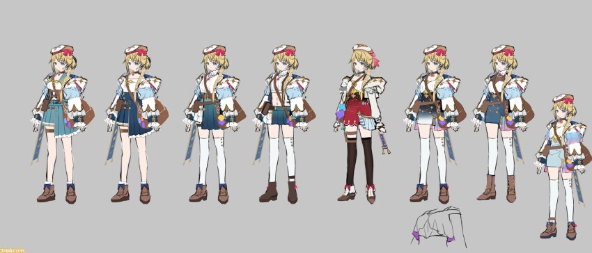 1girl atelier_(series) atelier_resleriana bag beret black_thighhighs blonde_hair blue_eyes blue_skirt braid brown_footwear closed_mouth full_body grey_background hair_between_eyes hat highres hood hood_down hooded_jacket jacket long_hair looking_at_viewer multiple_views official_art pleated_skirt prototype_design red_skirt resna_sternenlicht shirt shoes skirt smile standing thigh_strap thighhighs umiu_geso variations white_hat white_jacket white_shirt white_thighhighs