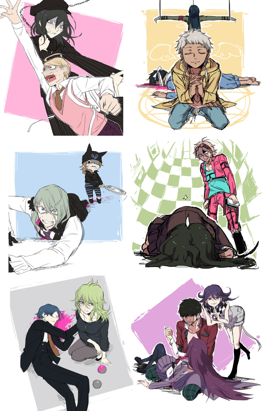 absurdres ahoge akamatsu_kaede amami_rantaro angel_wings animal_ear_headwear animal_ears antenna_hair arm_belt arm_on_another&#039;s_shoulder armband arrow_(projectile) backpack bag ball bandaged_hand bandages bare_arms bare_pectorals bare_shoulders barefoot beanie belt black_belt black_collar black_corset black_eyes black_footwear black_gloves black_hair black_hat black_jacket black_pants black_scarf black_skirt black_sleeves black_vest blazer blonde_hair blood blood_on_clothes blood_trail blue_eyes blue_hair blue_pants blue_pantyhose blue_shirt blue_sleeves boots bow brown-framed_eyewear brown_hair brown_jacket brown_necktie brown_skirt brown_sleeves buttons cabbie_hat cat_ears chabashira_tenko chain checkered_clothes checkered_scarf chest_belt clenched_teeth closed_eyes closed_mouth collar collared_jacket corset crawling cropped_jacket crucifixion crying crying_with_eyes_open danganronpa_(series) danganronpa_v3:_killing_harmony dark-skinned_female dark-skinned_male dark_skin denim denim_shorts double-breasted evil_smile expressionless eyelashes eyes_visible_through_hair fake_animal_ears finger_to_own_chin frilled_vest frills gakuran genderswap genderswap_(ftm) genderswap_(mtf) gloves goggles goggles_on_head gokuhara_gonta green_eyes green_hair green_jacket grey_shirt grey_shorts hair_between_eyes hair_bow hair_over_eyes hair_over_face hair_over_one_eye hair_spread_out halo harukawa_maki hat head-mounted_display high_collar high_heel_boots high_heels highres holding holding_goggles holding_hands holding_tennis_racket hood hood_down hooded_jacket hoshi_ryoma imoni_(1110) injury interlocked_fingers iruma_miu jacket jewelry knee_boots kneeling lap_pillow leaning_forward leather leather_jacket leg_belt long_hair long_skirt long_sleeves looking_at_another lying magic_circle medium_hair miniskirt momota_kaito motion_lines multiple_belts murder navel necktie nervous_sweating no_headwear o-ring o-ring_belt oma_kokichi on_back on_side open_clothes open_jacket open_mouth orange_necktie outline outstretched_arms own_hands_clasped own_hands_together paintbrush pants pantyhose parted_bangs pectoral_cleavage pectorals pendant pink_belt pink_blood pink_jacket pink_pants pink_sleeves pink_vest pinstripe_jacket pinstripe_pattern pinstripe_skirt pleated_skirt pool_of_blood praying purple_hair purple_jacket purple_necktie purple_pants purple_skirt purple_sleeves reaching red_armband red_jacket red_sleeves ribbon role_reversal rope round_eyewear saihara_shuichi sailor_collar scarf school_uniform shaded_face shinguji_korekiyo shirogane_tsumugi shirt short_hair shorts skirt sleeveless sleeveless_shirt slippers smile smirk smoking spoilers starry_sky_print straight_hair streaming_tears striped_clothes striped_pants striped_shirt sweat tank_top tearing_up tears teeth third-party_source toes tojo_kirumi torn_clothes torn_shirt two-tone_pants two-tone_scarf v-neck vertical-striped_sleeves very_long_hair vest wet white_bag white_bow white_hair white_outline white_ribbon white_sailor_collar white_scarf white_shirt white_sleeves white_tank_top wide-eyed wings yellow_eyes yellow_jacket yellow_sleeves yonaga_angie