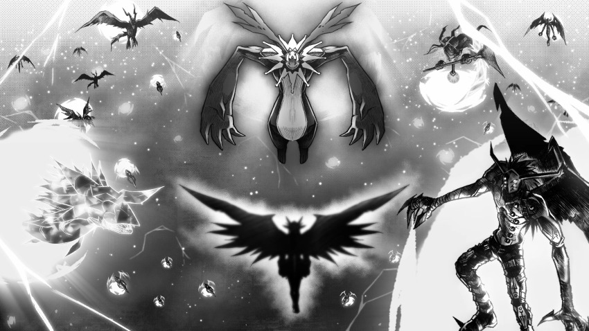 bladekuwagamon cherubimon cherubimon_(vice) claws demon demon_boy devidramon devimon digimon highres horns looking_at_another mask megaseadramon metalfantomon neodevimon saberdramon waruseadramon wings