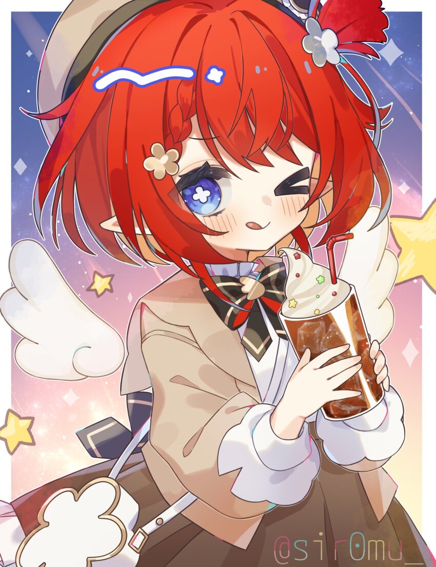 &gt;_o 1girl ;q alternate_costume bag black_bow black_bowtie blue_eyes blush bow bowtie brown_jacket closed_mouth commentary_request cup dark_skin drinking_straw highres holding holding_cup honkai:_star_rail honkai_(series) jacket long_sleeves looking_at_viewer medium_hair one_eye_closed red_hair shiromu_(sir0mu) shirt shoulder_bag solo star_(symbol) symbol-shaped_pupils tongue tongue_out tribbie_(honkai:_star_rail) twitter_username white_bag white_shirt