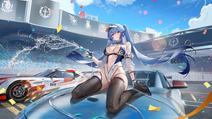 1girl alternate_costume anchor_symbol arm_support azur_lane balloon bare_shoulders black_gloves black_thighhighs blue_hair blue_leotard blue_nails blue_sky blush breasts car center_opening cleavage clothes_writing clothing_cutout cloud cloudy_sky confetti day detached_collar detached_sleeves dragon_empery_(emblem) eagle_union_(emblem) essex_(azur_lane) essex_(start_line_splash)_(azur_lane) fingerless_gloves floating_hair full_body gloves hair_between_eyes hat high_heels highleg highleg_leotard highres holding holding_hose hose iris_libre_(emblem) kneeling large_breasts legs leotard long_hair looking_at_viewer motor_vehicle multicolored_leotard navel non-web_source northern_parliament_(emblem) official_alternate_costume official_art on_car orange_eyes outdoors parted_lips puffy_detached_sleeves puffy_sleeves race_queen race_vehicle racecar rainbow revealing_clothes road royal_navy_emblem_(azur_lane) sakura_empire_(emblem) see-through_clothes see-through_sleeves shoes sidelocks sitting skindentation sky smile solo sports_car stadium stomach strapless strapless_leotard thigh_strap thighhighs thighs twintails two-tone_gloves very_long_hair visor_cap wariza water water_gun wet white_leotard