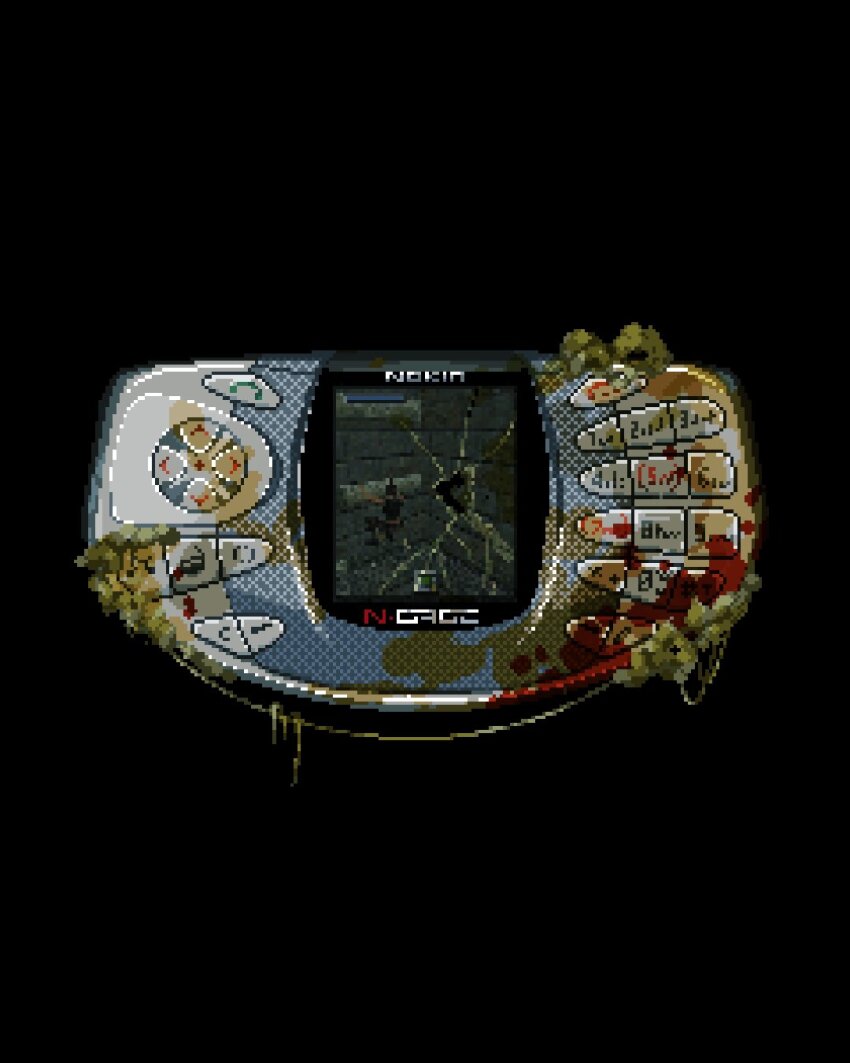 black_background blood blood_stain broken_screen cellphone d-pad fungi highres keypad no_humans nokia_(company) object_focus phone pixel_art pixelianska simple_background stain tomb_raider video_game