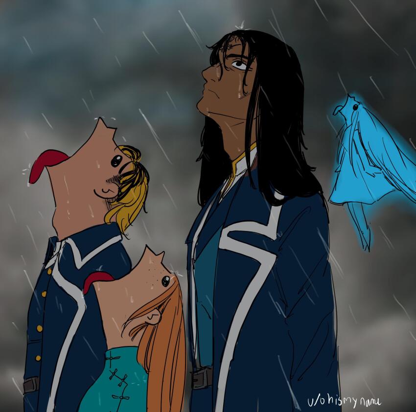 2boys 2girls absurdres adam&#039;s_apple adolin_kholin black_hair blonde_hair blue_hair blue_skin colored_skin dark-skinned_male dark_skin facial_mark fairy forehead_mark freckles frown goku_and_vegeta_in_the_rain_(meme) grey_sky high_collar highres kaladin_(the_stormlight_archive) meme mini_person minigirl multicolored_hair multiple_boys multiple_girls ohismyname rain red_hair shallan_(the_stormlight_archive) signature sky syl_(the_stormlight_archive) the_stormlight_archive
