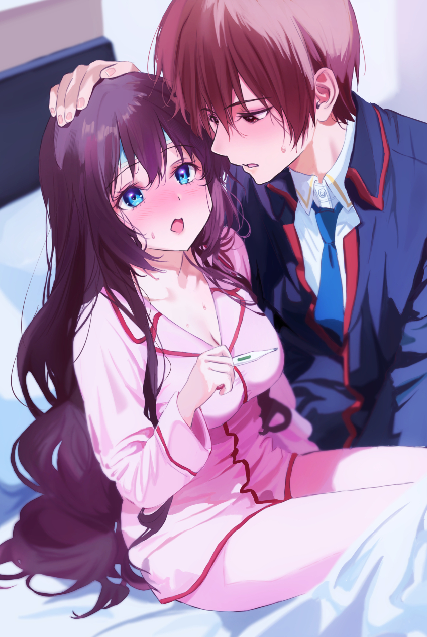 1boy 1girl a-chan_(little_busters!) absurdres alternate_costume black_jacket blue_eyes blue_necktie blush breasts brown_eyes brown_hair cleavage collarbone collared_shirt commentary couple cowboy_shot eyelashes fingernails frown hair_between_eyes hair_over_shoulder hand_on_another&#039;s_head hand_up hetero highres holding holding_thermometer indoors jacket large_breasts little_busters! little_busters!_school_uniform long_hair long_sleeves looking_at_another miiizuno_lbs natsume_kyousuke necktie nose_blush on_bed open_mouth pajamas pink_pajamas school_uniform shirt short_hair sick sidelocks sitting sweat sweatdrop thermometer very_long_hair wavy_hair white_shirt wide_sleeves