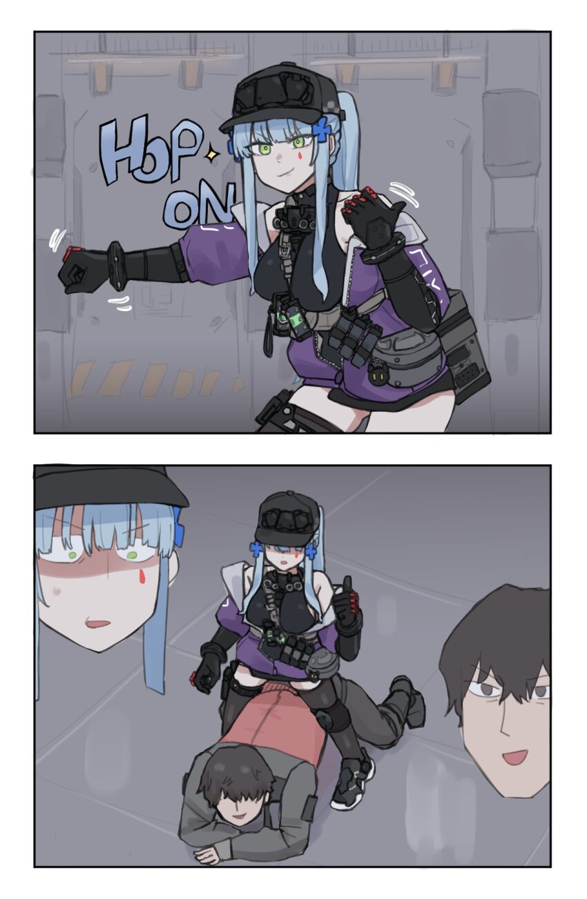 1boy 1girl baseball_cap black_hat blue_hair commander_(girls&#039;_frontline) cross_hair_ornament english_text flashbang girls&#039;_frontline girls&#039;_frontline_2:_exilium green_eyes hair_ornament hat highres hk416_(girls&#039;_frontline) klukai_(girls&#039;_frontline_2) long_hair m84_stun_grenade magazine_(weapon) misunderstanding natawaru ponytail solo surprised tattoo teardrop_facial_mark teardrop_tattoo thumbs_up