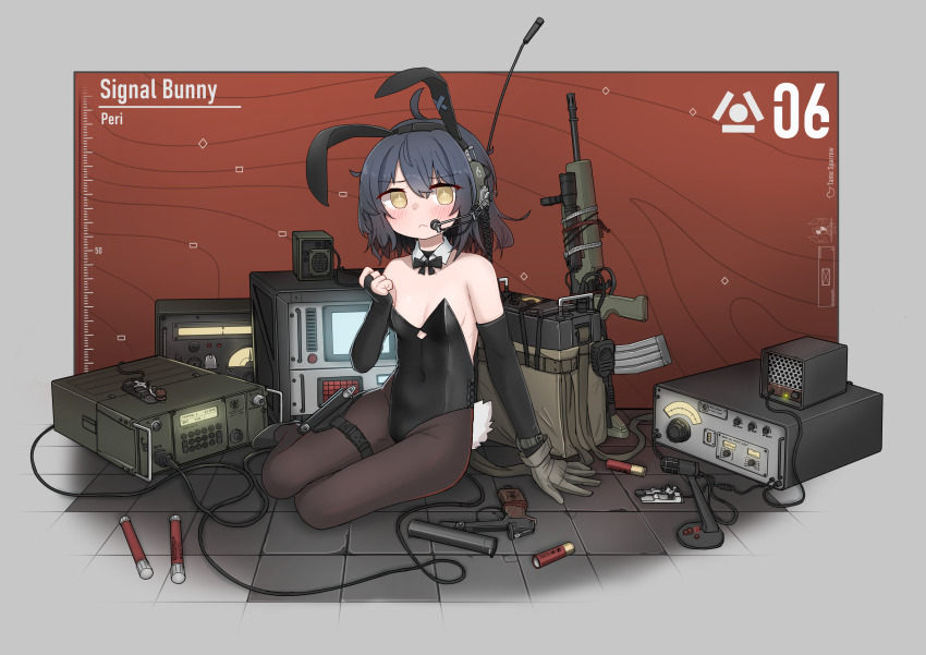 1girl absurdres ammunition animal_ears bare_shoulders belt black_bow black_bowtie black_leotard black_pantyhose blush bow bowtie breasts bridal_gauntlets cable character_request cleavage collarbone copyright_request covered_navel detached_collar fake_tail gloves grey_hair gun handgun headset highres leotard looking_at_viewer microphone on_floor pantyhose playboy_bunny rabbit_ears rabbit_tail radio short_hair single_glove sitting solo srtdrawart tail thigh_belt thigh_strap tile_floor tiles weapon weapon_request yokozuwari