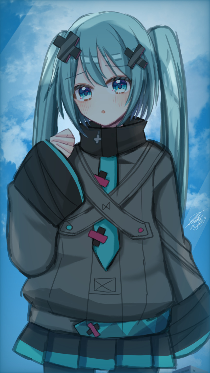 1girl absurdres aqua_eyes aqua_hair batsu_miku black_skirt blush grey_jacket hair_between_eyes hair_ornament hatsune_miku highres jacket kowareta_sekai_to_utaenai_miku long_hair long_sleeves looking_at_viewer miniskirt open_mouth pleated_skirt project_sekai saki_(syauki1119) skirt solo turtleneck turtleneck_jacket twintails very_long_hair vocaloid wide_sleeves x_hair_ornament