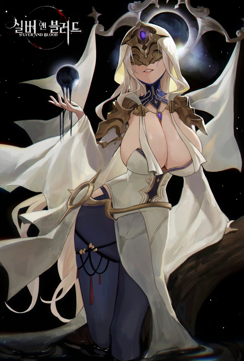 1girl absurdres biya_(1024) breasts cleavage dress grin highres large_breasts long_hair mask pelvic_curtain silver_and_blood smile solo thighs veil white_dress white_hair