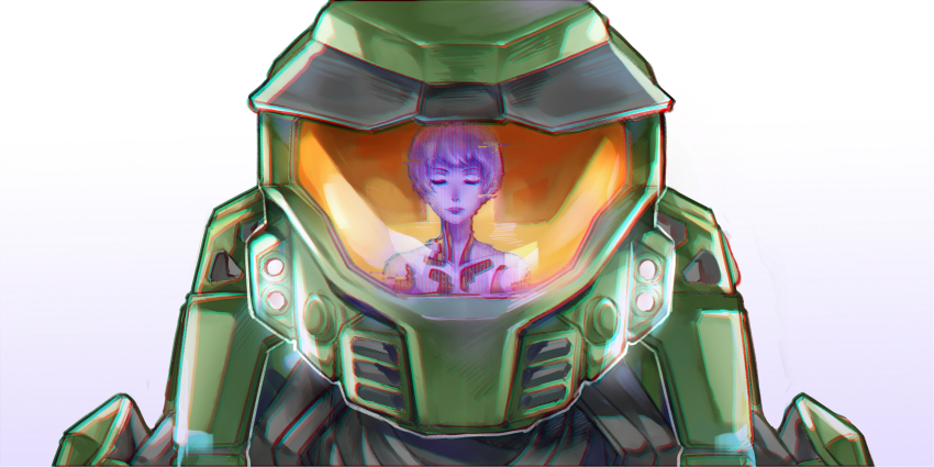 1boy 1girl animification assault_visor chromatic_aberration closed_eyes colored_skin cortana green_helmet halo:_combat_evolved halo_(series) helmet highres master_chief purple_hair purple_skin reflection reflection_focus science_fiction sky_kiki spartan_(halo) straight-on