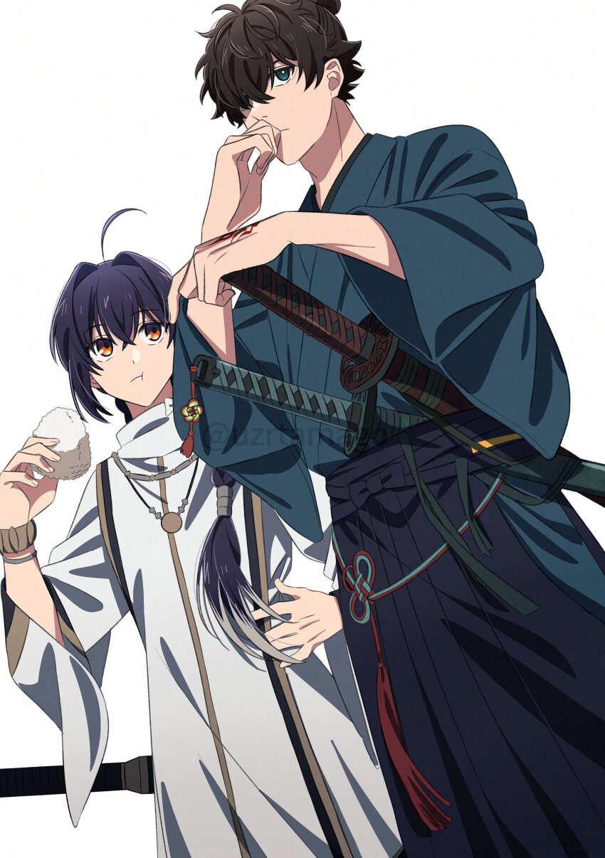 1boy 1other ahoge amulet androgynous black_hair black_hakama blue_kimono braid command_spell fate/samurai_remnant fate_(series) food green_eyes hair_intakes hair_over_one_eye hair_over_shoulder hakama hand_on_own_hip highres holding holding_food japanese_clothes katana kimono long_sleeves miyamoto_iori_(fate) onigiri orange_eyes sidelocks simple_background single_braid standing sword topknot uzura_(uzrtamago) weapon white_background wide_sleeves yamato_takeru_(fate)