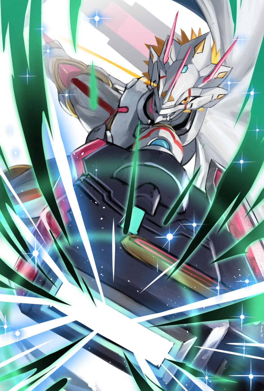 aiming aiming_at_viewer arm_blade arm_cannon armor bakeneko38 blonde_hair cape colored_skin digimon digimon_(creature) digimon_ghost_game dragon energy_gun eye_trail highres light_trail powering_up short_hair siriusmon solo spiked_hair weapon white_armor white_cape white_skin yellow_eyes