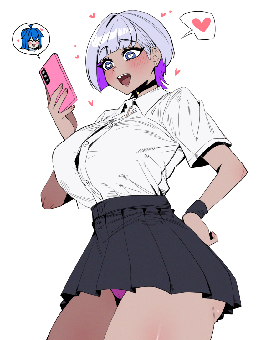 1boy 1girl 7a_(se7ena) black_choker black_skirt blue_eyes blunt_bangs blush breasts bright_pupils cellphone choker collared_shirt commentary cowboy_shot curvy earrings hand_on_own_hip heart heart-shaped_pupils highres holding holding_phone jewelry large_breasts looking_at_phone loving_aura miniskirt open_mouth original panties panty_peek phone pink_panties pleated_skirt purple_hair shirt shirt_tucked_in short_hair short_sleeves simple_background skirt smartphone smile solo_focus speech_bubble spoken_character spoken_heart stud_earrings symbol-shaped_pupils tan thick_thighs thighs underwear white_background white_pupils white_shirt