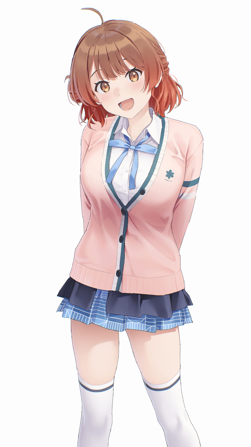 1girl :d blue_ribbon blue_skirt blush brown_eyes brown_hair cardigan collared_shirt dress_shirt feet_out_of_frame gakuen_idolmaster hair_bun half_updo hanami_ume hatsuboshi_gakuen_school_uniform highres idolmaster looking_at_viewer lower_teeth_only mikazuchi_zeus neck_ribbon open_mouth pink_cardigan pleated_skirt ribbon school_uniform shirt simple_background single_horizontal_stripe single_side_bun skirt smile solo teeth thighhighs white_background white_shirt white_thighhighs
