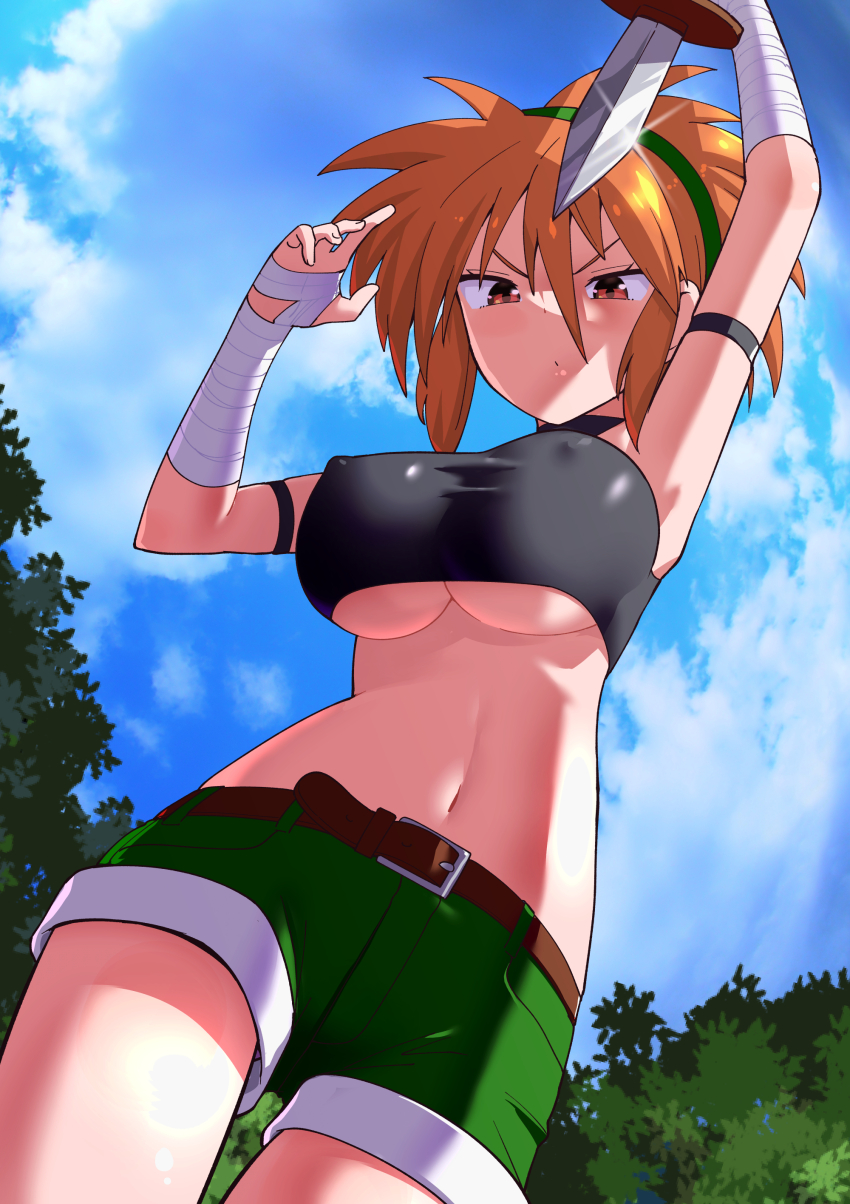 1girl absurdres arm_up armpits bandaged_wrist bandages bandit_(tales_of_destiny_2) belt black_sports_bra blue_sky blush breasts brown_belt brown_eyes brown_hair closed_mouth cloud commentary_request covered_erect_nipples cowboy_shot dagger day from_below green_hairband green_shorts hairband highres holding holding_dagger holding_knife holding_weapon knife large_breasts looking_at_viewer looking_down midriff navel outdoors short_hair shorts sky solo spiked_hair sports_bra tales_of_(series) tales_of_destiny tales_of_destiny_2 toku_sonchou tree underboob v-shaped_eyebrows weapon