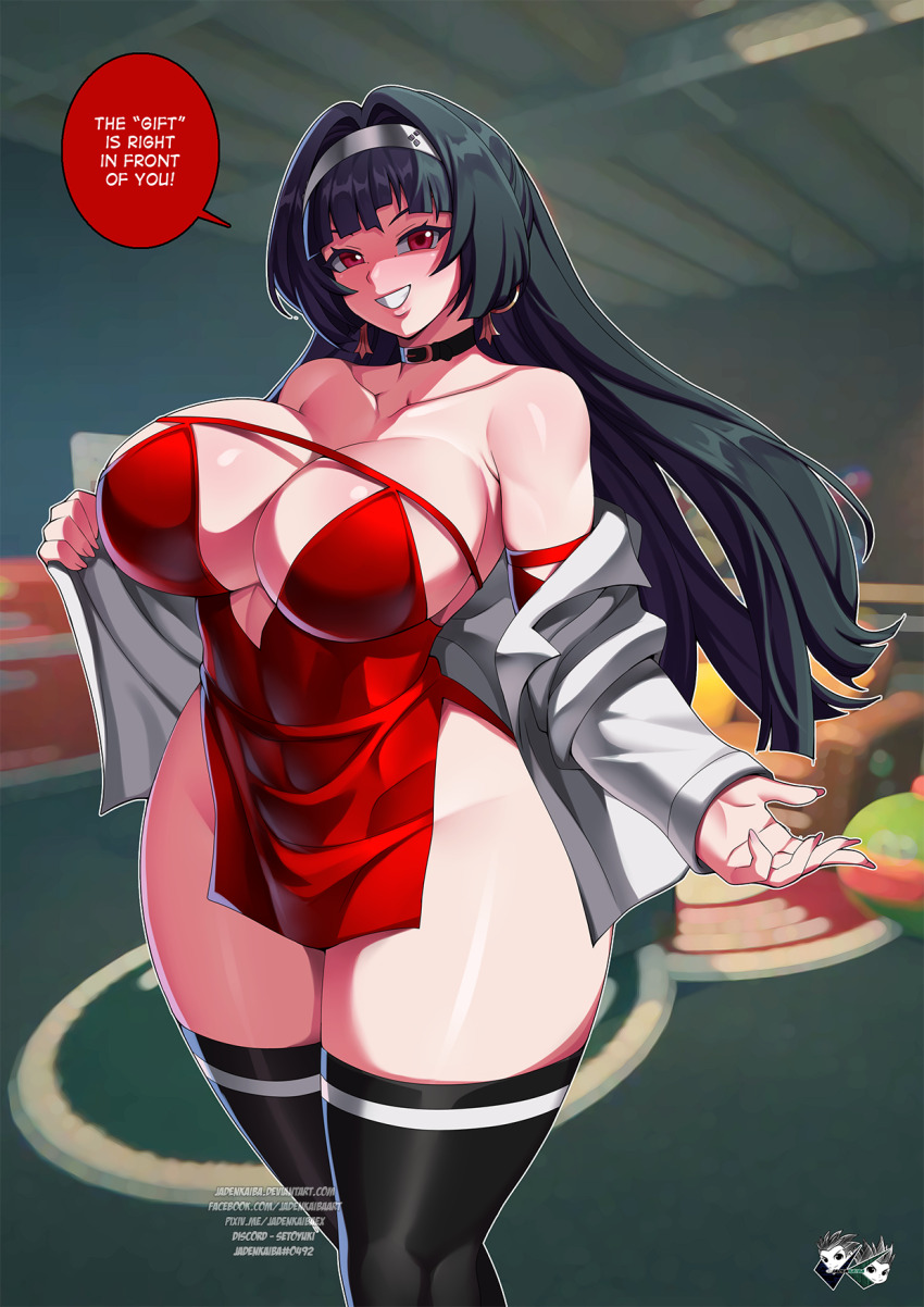 1girl artist_logo astra_yao bare_shoulders black_choker black_hair black_thighhighs blurry blurry_background breasts choker cleavage curvy deviantart_username discord_username dress english_text facebook_username female_focus grin hairband highres indoors jadenkaiba large_breasts logo long_hair looking_at_viewer no_bra no_panties pixiv_username red_dress red_eyes short_dress smile solo speech_bubble standing thick_thighs thighhighs thighs watermark web_address wide_hips zenless_zone_zero