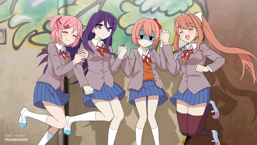 4girls blazer bocchi_the_rock! bow brown_jacket brown_sweater_vest commentary doki_doki_literature_club doki_doki_literature_club_school_uniform grey_jacket hair_bow highres jacket monika_(doki_doki_literature_club) multiple_girls natsuki_(doki_doki_literature_club) orange_sweater_vest orange_vest parody pink_hair ponytail pralinesquire red_ribbon ribbon sayori_(doki_doki_literature_club) scene_reference school_uniform sweater_vest vest white_bow white_ribbon yuri_(doki_doki_literature_club)