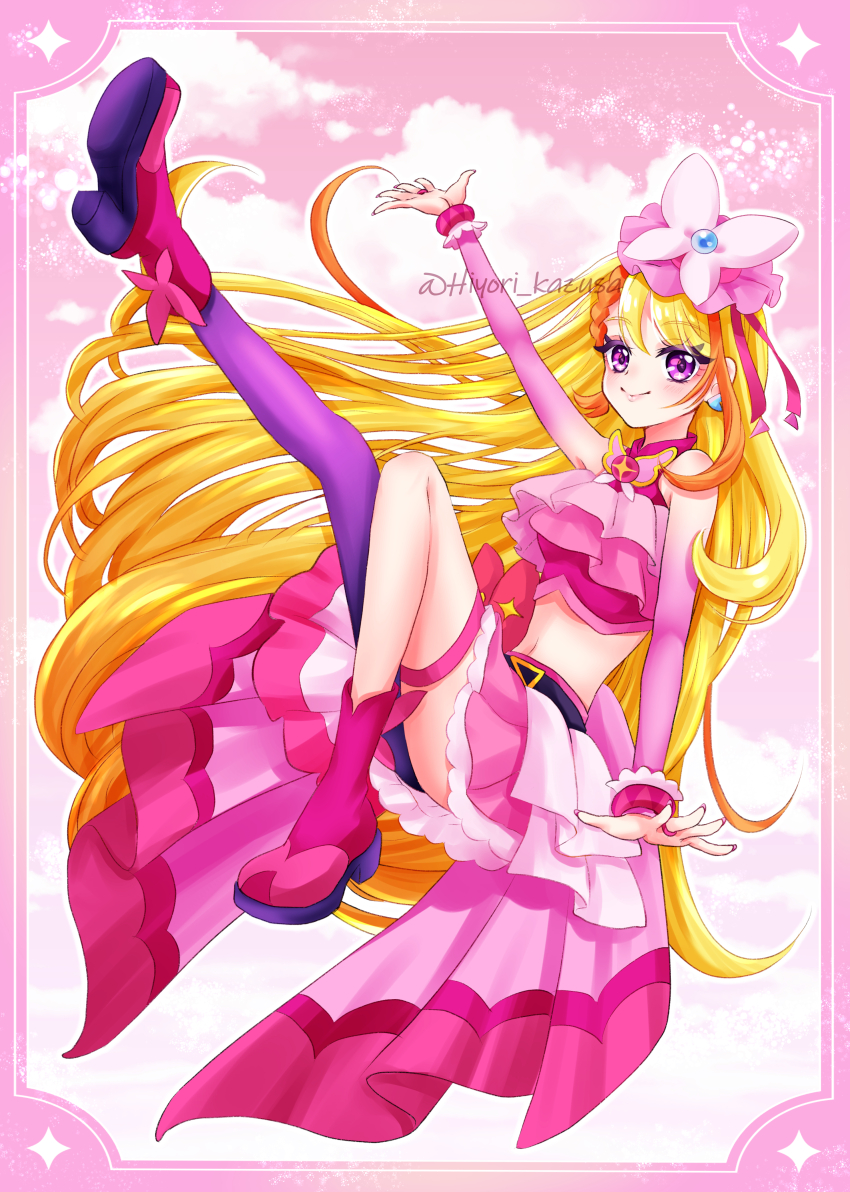 1girl absurdres arm_up belt blonde_hair boots bow bow_skirt braid braided_bangs bridal_gauntlets brooch butterfly_hat_ornament closed_mouth commentary cure_butterfly elbow_gloves floating frilled_shirt frills gloves hat hat_ornament highres hijiri_ageha hirogaru_sky!_precure jewelry kazusa_hiyori leg_up long_hair looking_at_viewer magical_girl midriff miniskirt mob_cap multicolored_hair navel orange_hair pantyhose pink_boots pink_gloves pink_hat pink_shirt pink_skirt pink_theme pleated_skirt precure purple_eyes purple_hair purple_pantyhose red_belt red_bow shirt showgirl_skirt single_leg_pantyhose skirt sleeveless sleeveless_shirt smile solo thigh_strap twitter_username two-tone_hair very_long_hair wing_brooch