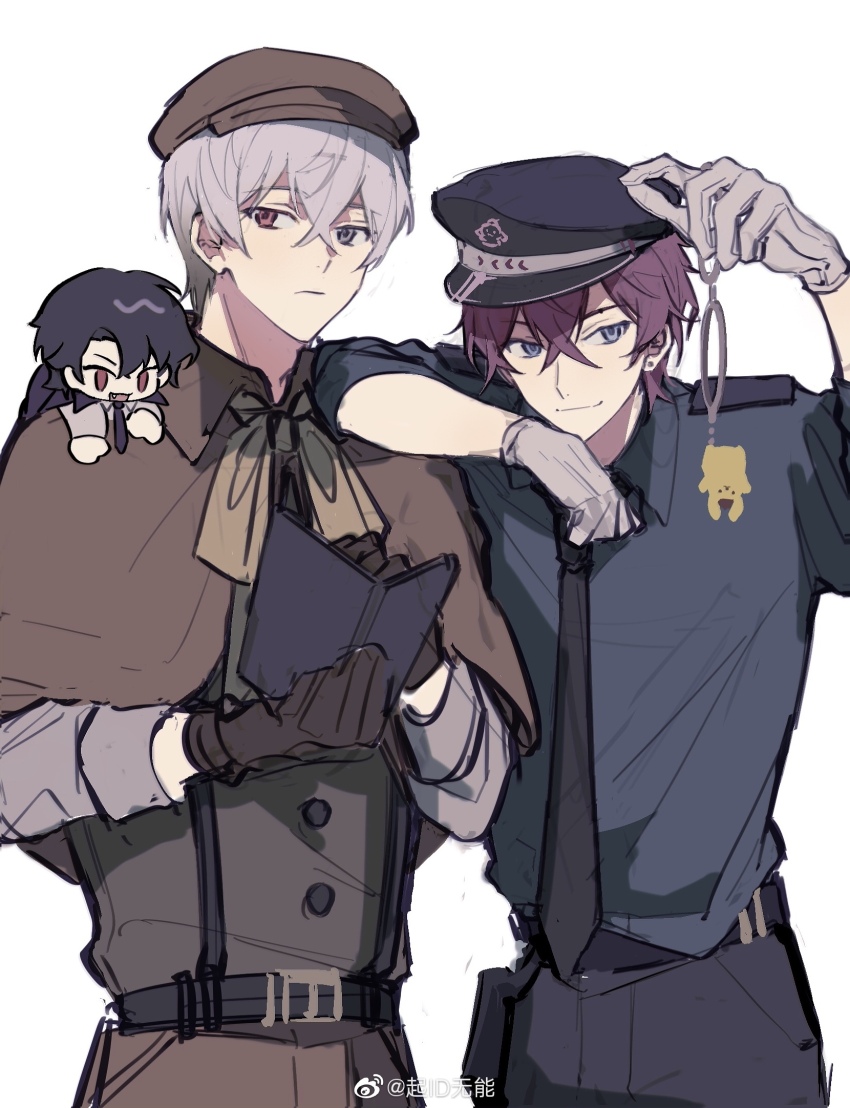 2boys ameinu belt black_necktie blue_eyes blue_shirt capelet chibi collared_shirt cuffs deerstalker detective gloves grey_hair hair_between_eyes handcuffs hat highres holding looking_at_viewer magnifying_glass male_focus multiple_boys necktie original pants police police_uniform purple_hair red_eyes shirt short_hair white_background
