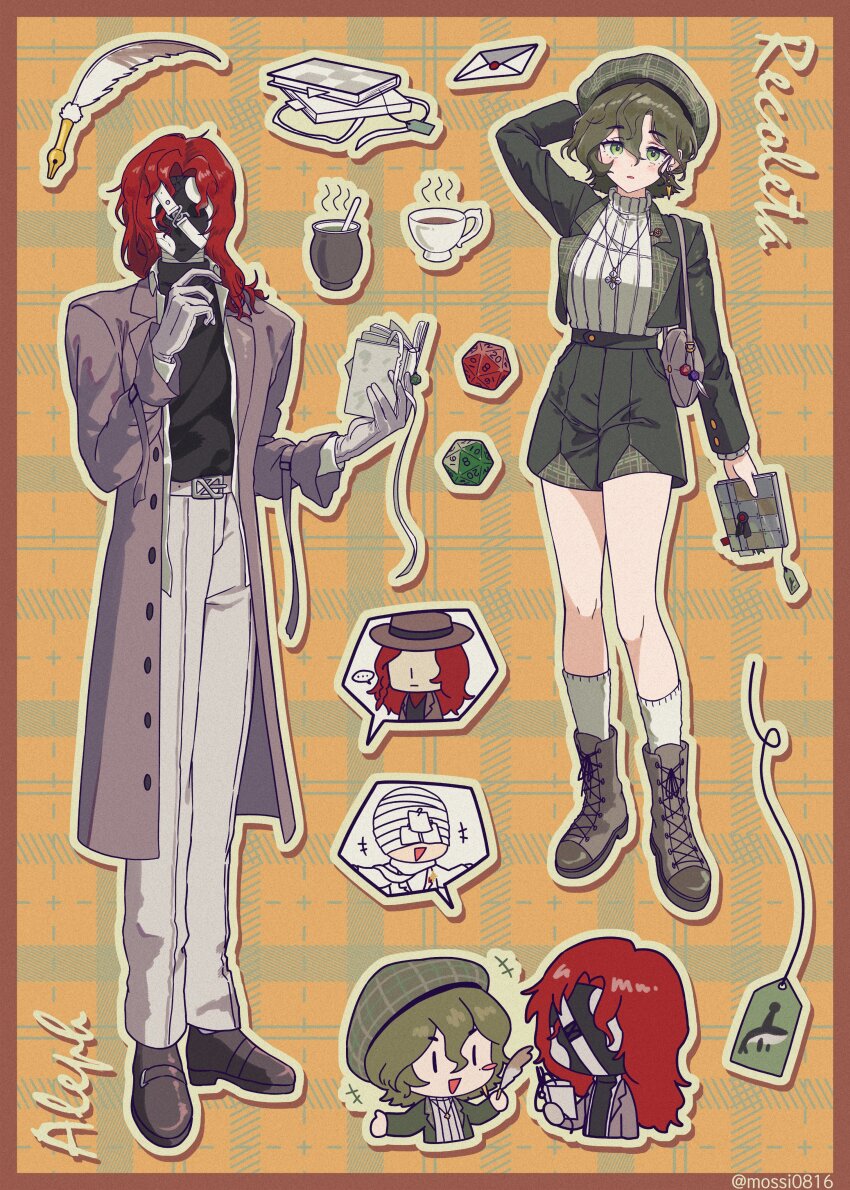 1boy 1girl absurdres aleph_(reverse:1999) alternate_costume arm_behind_head arm_up bag beret black_mask black_sweater boots border brown_boots brown_border brown_coat brown_hair brown_shoes character_name chibi chibi_inset coat covered_face cup dice envelope facing_viewer full_body gloves green_eyes green_jacket green_shorts grey_hat hand_up hands_up hat highres holding holding_notebook jacket long_hair merlin_(reverse:1999) mole mole_under_eye mossi_(mossi0816) notebook open_clothes open_coat open_jacket orange_background pants parted_lips plaid_background polyhedral_dice quill recoleta_(reverse:1999) red_hair reverse:1999 shoes short_hair shorts shoulder_bag socks speech_bubble spoken_character standing sweater tag the_idealist_(reverse:1999) twitter_username white_gloves white_pants white_socks white_sweater