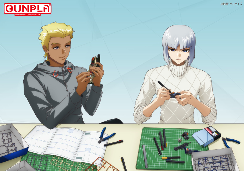 2boys absurdres blonde_hair blue_eyes cutting_mat dark_skin dearka_elsman grey_jacket gundam gundam_seed gundam_seed_destiny gundam_seed_freedom gunpla highres jacket long_sleeves model_kit multiple_boys official_art pen promotional_art purple_eyes shirt short_hair smile sweater tweezers white_hair white_shirt white_sweater wire_cutters yzak_joule