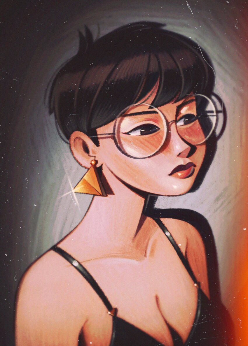 1girl bare_shoulders black_camisole black_eyes blush breasts camisole cleavage close-up collarbone cowlick earrings expressionless eyelashes friedbaens glint gold_earrings highres jewelry medium_breasts original red_lips short_hair swept_bangs three_quarter_view triangle_earrings