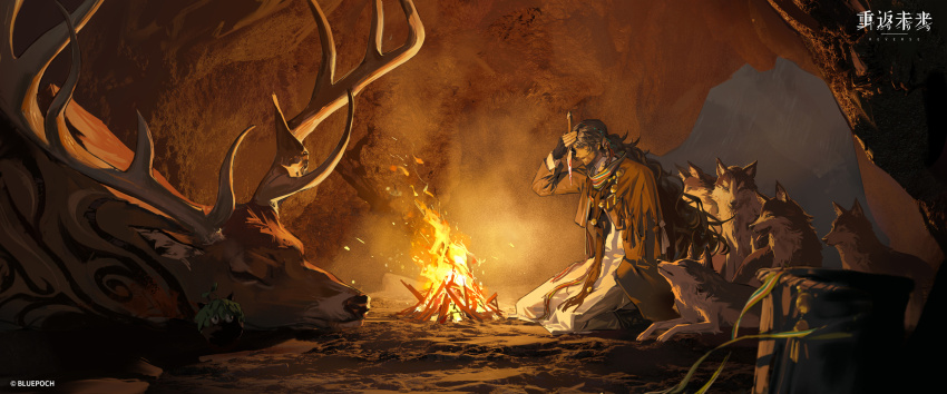 1boy amputee basket beard black_gloves blood bloody_knife brown_hair brown_jacket brown_pants campfire cave copyright_name copyright_notice curly_hair deer facial_hair fingerless_gloves fire from_side gloves hair_ornament hand_on_own_forehead hand_on_own_head highres holding holding_knife jacket kneeling knife logo long_hair male_focus mature_male missing_limb mustache night night_sky official_art pants profile rain reverse:1999 robe shaman shamane sidelighting sky solo tassel tassel_hair_ornament very_long_hair white_robe wide_shot wolf