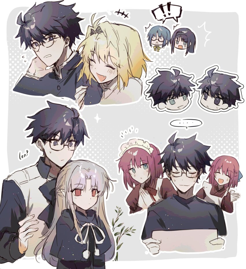 ! !! ... 2boys 6+girls absurdres ahoge antenna_hair apron arcueid_brunestud black-framed_eyewear black_bow black_capelet black_dress black_hair black_jacket black_shirt blonde_hair blue_bow blue_eyes blue_hair blush bow capelet chibi ciel_(tsukihime) closed_eyes closed_mouth commentary_request dress dual_persona english_text fang flying_sweatdrops glasses hair_bow highres hisui_(tsukihime) holding holding_paper jacket kohaku_(tsukihime) len_(tsukihime) long_hair maid maid_apron maid_headdress mixed_maids multiple_boys multiple_girls nanaya_shiki open_mouth paper parted_bangs red_eyes red_hair school_uniform shirt short_hair siblings single_hair_intake sisters smile tohno_akiha tohno_shiki tsukihime tsukihime_(remake) twins wa_maid white_apron yakksan