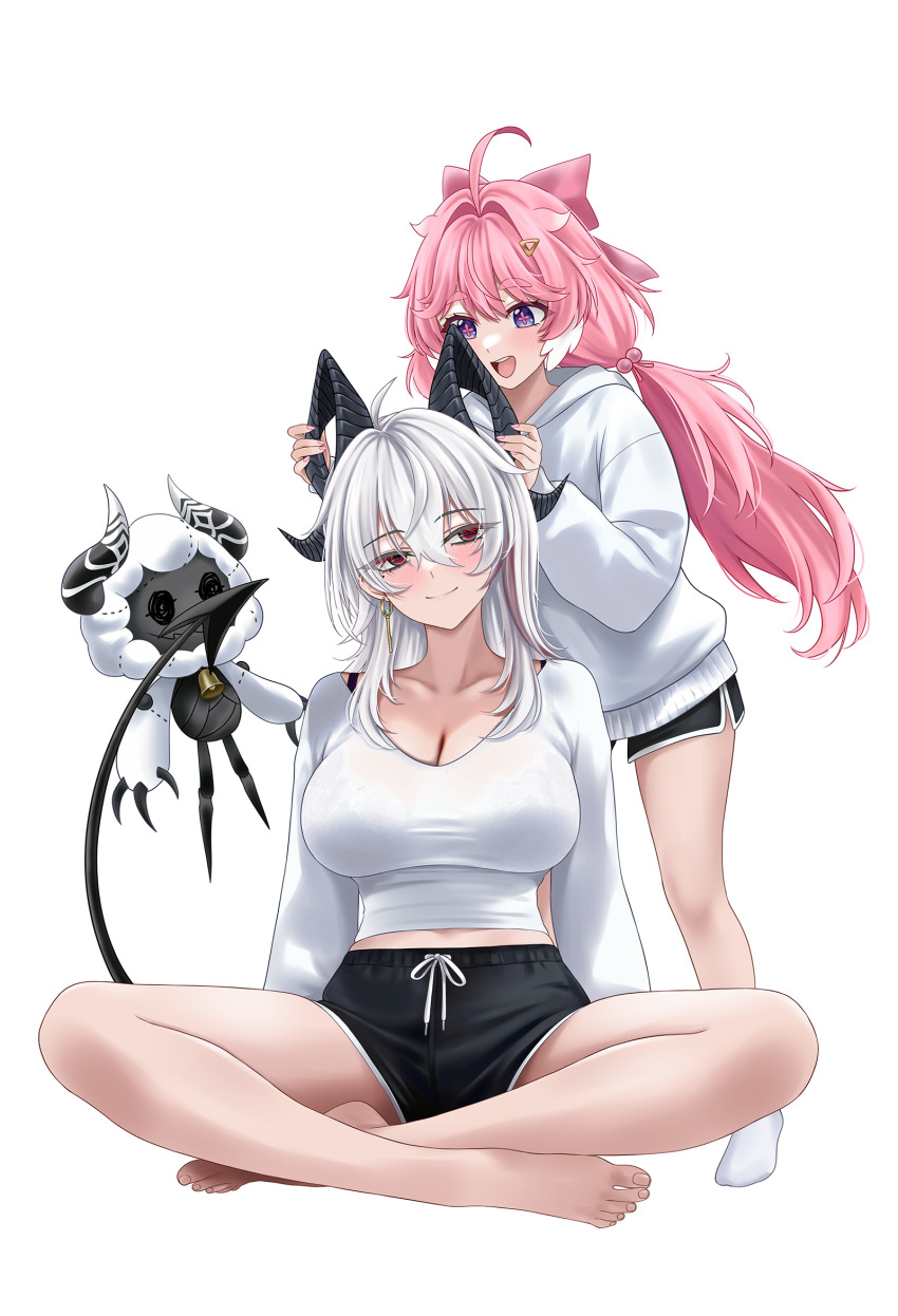 2girls ahoge alternate_costume bare_legs barefoot black_horns black_shorts black_tail blush bow bra_visible_through_clothes breasts cleavage closed_mouth cloudy_(wuthering_waves) collarbone commentary_request curled_horns demon_tail dolphin_shorts earrings encore_(wuthering_waves) feet fingernails hair_between_eyes hair_bow hair_ornament highres hood hood_down hoodie horns huge_breasts jewelry key_earrings legs long_hair looking_at_another m_(1n910) multicolored_hair multiple_girls nail_polish open_mouth pink_bow pink_hair pink_nails pink_pupils purple_eyes red_eyes shirt shorts simple_background sitting smile socks streaked_hair tail thighs toes white_background white_hair white_hoodie white_shirt white_socks wuthering_waves zani_(wuthering_waves)