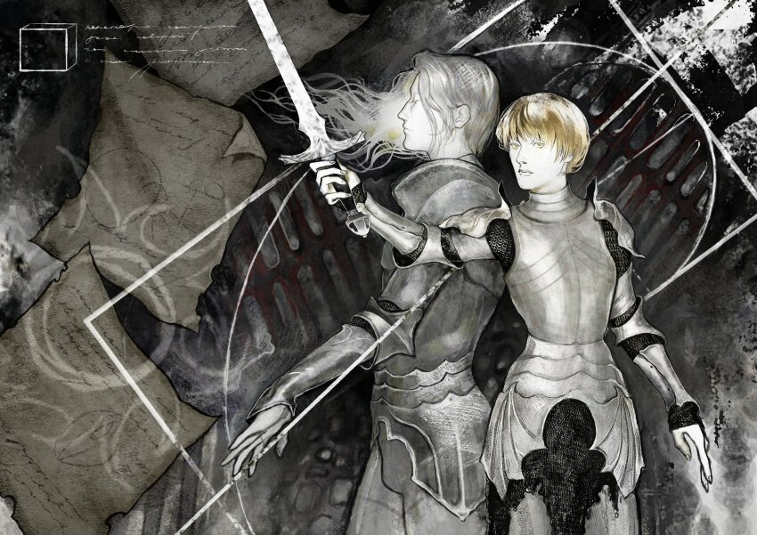 1boy 1girl absurdres armor blonde_hair breastplate chainmail d&#039;arce_(fear_&amp;_hunger) fear_&amp;_hunger fear_&amp;_hunger_(series) fear_&amp;_hunger_1 grey_background highres holding holding_sword holding_weapon knight le&#039;garde_(fear_&amp;_hunger) long_hair paper parchment short_hair sigil sword weapon white_hair