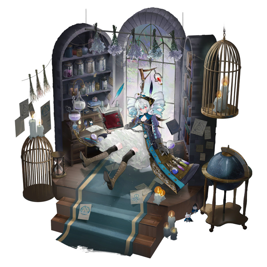 1girl artist_request black_gloves blue_hair book cage candle carpet desk dress drill_hair faux_figurine floating flower frilled_dress frills game_cg girls&#039;_frontline girls&#039;_frontline_neural_cloud globe gloves helix_(neural_cloud) highres looking_at_viewer magnifying_glass official_alternate_costume official_art on_floor open_book potion quill red_eyes shelf solo stairs third-party_source transparent_background window