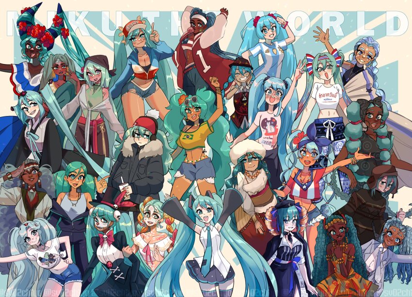 6+girls african_clothes alternate_skin_color arm_up arms_up belly_chain blue_eyes blue_hair bracelet braid brazilian_flag brazilian_miku breasts chewing_gum cleavage collared_shirt commentary crop_top cup dark-skinned_female dark_skin detached_sleeves dreadlocks dress earrings english_commentary exposed_pocket eyewear_on_head facepaint flower fur-trimmed_jacket fur_hat fur_trim glasses hair_flower hair_ornament hairband hand_on_own_hip hands_on_own_cheeks hands_on_own_face hat hat_ornament hatsune_miku headband highres holding holding_cup horns index_finger_raised indian_clothes jacket jewelry korean_clothes large_breasts leaning_to_the_side letterman_jacket light-skinned_palms long_hair long_sleeves mexican_clothes midriff multi-tied_hair multicolored_hair multiple_girls multiple_persona native_american_clothes navel necklace necktie open_mouth orange_hair salute sari shirt short_shorts short_sleeves shorts skirt skull_facepaint skull_hair_ornament skull_hat_ornament sleeveless sleeveless_shirt smile soccer_uniform sportswear strapless sunglasses sv02chiyo sweater tan thighhighs tongue tongue_out top_hat tube_top twin_braids twintails ushanka v very_long_hair vocaloid worldwide_miku wrist_cuffs