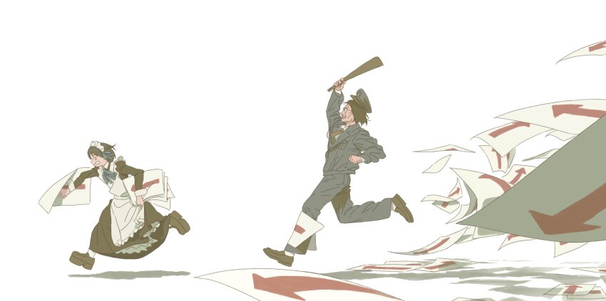 1boy 1girl absurdres apron arashiyama_hotori arm_up arrow_(symbol) black_footwear black_necktie blue_jacket blue_pants chasing fleeing hat highres holding holding_baton_(weapon) holding_paper jacket jiankun_yu maid maid_apron maid_headdress matsuda_shunsaku necktie pants paper platform_footwear police police_hat police_uniform simple_background soredemo_machi_wa_mawatteiru white_background