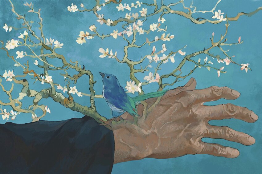 1boy animal animal_on_hand aqua_background bird bird_on_hand blue_bird branch commentary dark-skinned_male dark_skin english_commentary fine_art_parody fingernails flower hand_focus hand_up highres long_sleeves male_focus old old_man original parody simple_background surreal symbolism tree veins veiny_hands vincent_van_gogh_(style) white_flower wrinkled_skin ye_(ran_chiiipye)