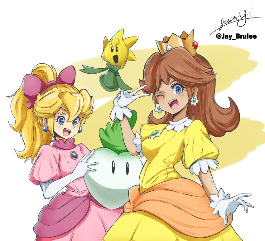 2girls absurdres blonde_hair blue_eyes breasts brown_hair crown dress earrings flower_earrings food gloves grin highres jewelry mario_(series) medium_breasts multiple_girls nintendo one_eye_closed open_mouth orange_dress pink_dress ponytail princess_daisy princess_peach princess_peach:_showtime! puffy_short_sleeves puffy_sleeves ripping short_sleeves smile standing stella_(peach) super_mario_bros._2 super_mario_bros._wonder tomboy v vegetable wink