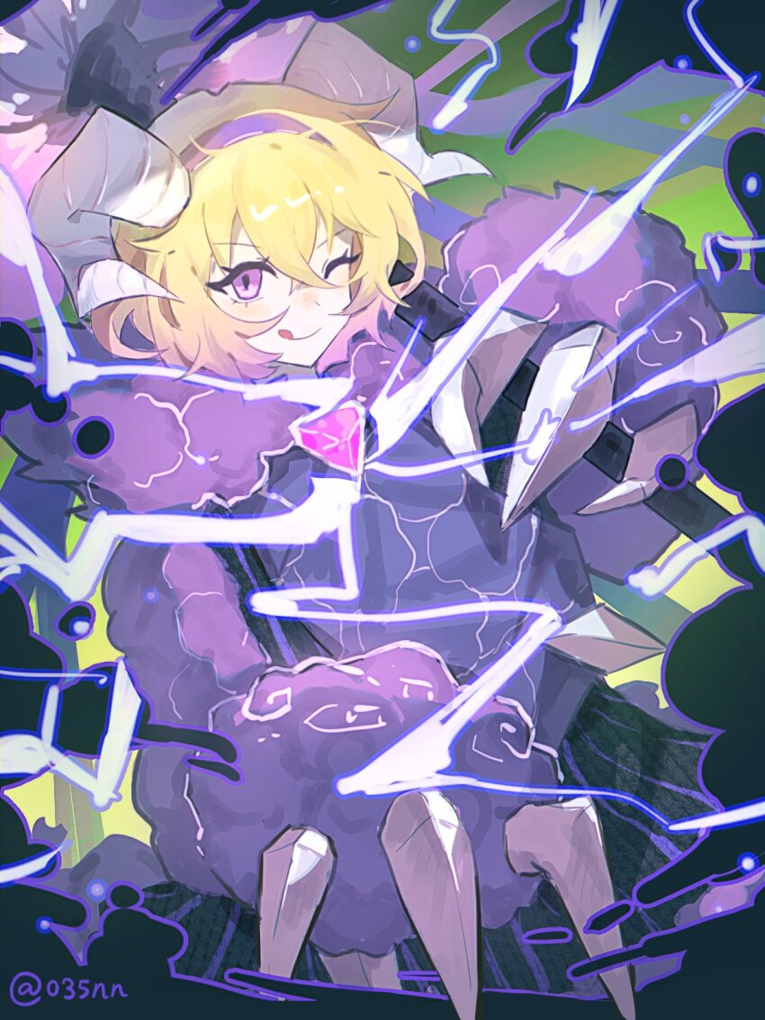 035nnn 1girl :q blonde_hair blush claws closed_mouth coat don_quixote_(project_moon) e.g.o_(project_moon) electric_screaming_(e.g.o) electricity highres horns limbus_company looking_at_viewer marimohako one_eye_closed project_moon purple_coat sheep_horns short_hair smile solo tongue tongue_out
