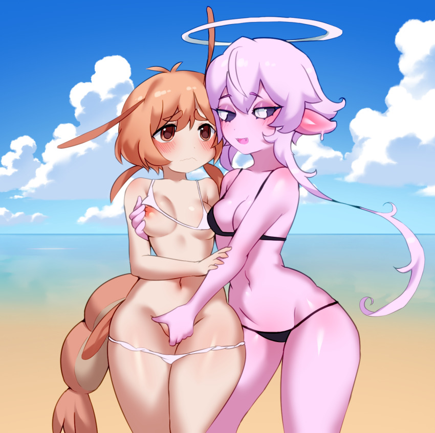 2girls beach bikini blush colored_skin embarrassed fingering halo highres jellyfish_girl long_sidelocks multiple_girls orange_hair original pepper_(teuthidan) pink_hair pink_skin pointy_ears removing_bikini_top shrimp_girl shrimp_tail swimsuit twibli1 very_long_sidelocks yuri zeri_(teuthidan)