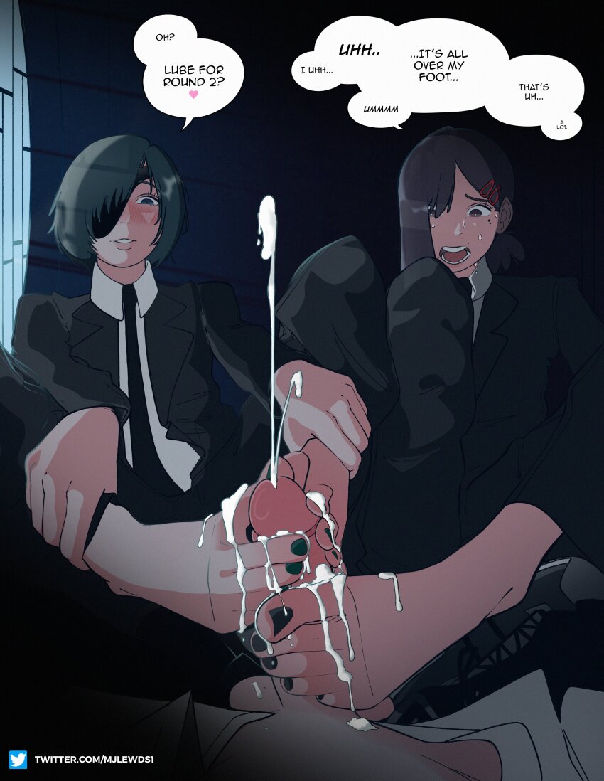 1boy 2girls absurdres artist_name barefoot between_toes black_hair black_jacket black_nails black_necktie blush brown_hair chainsaw_man cooperative_footjob cum cum_on_body cum_on_feet cumdrip ejaculation english_text erection eyepatch feet ffm_threesome foot_focus footjob foreshortening green_hair green_nails group_sex hair_ornament hair_over_one_eye hairclip higashiyama_kobeni highres himeno_(chainsaw_man) holding_own_leg jacket knees_apart_feet_together knees_up long_sleeves mjlewds mole mole_under_eye multiple_girls multiple_moles nail_polish necktie one_eye_covered open_mouth parted_lips penis ponytail pov projectile_cum short_hair short_ponytail sitting speech_bubble spread_toes teamwork_(sexual) threesome toenail_polish toenails toes uncensored watermark web_address