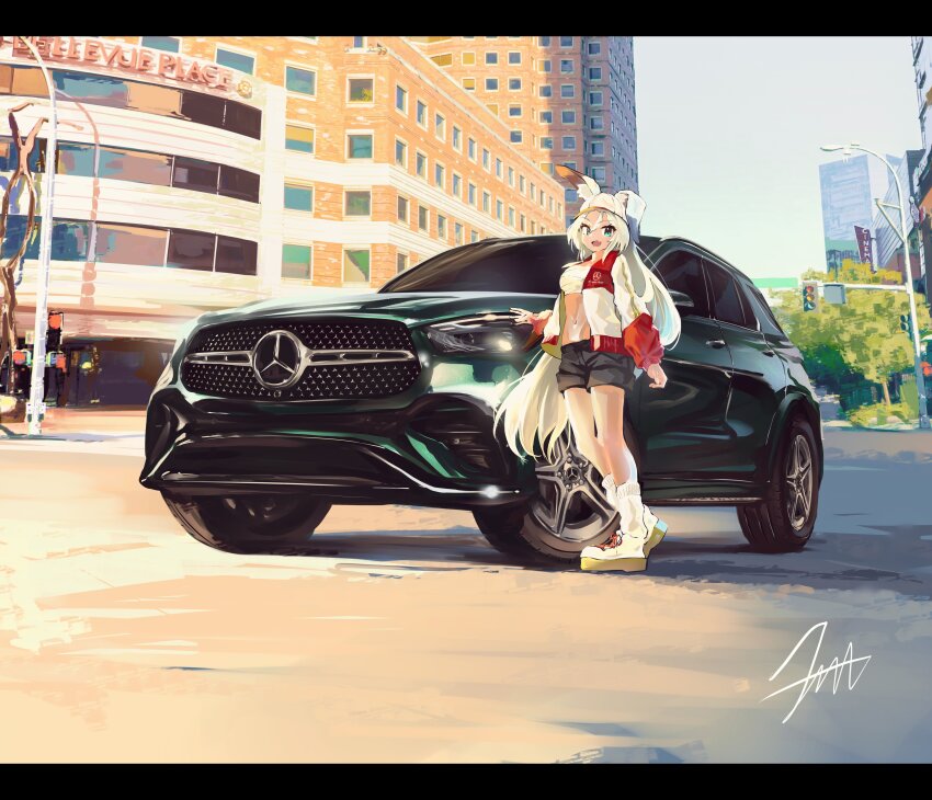 1girl absurdres animal_ear_fluff animal_ears bandeau blue_eyes boots breasts car city commentary commission dragalia_lost english_commentary grey_hair highres jacket long_hair looking_at_viewer mercedes-benz mercedes-benz_gla midriff motor_vehicle multicolored_jacket navel nougat_(no_9ada) open_mouth outdoors rabbit_ears rabbit_girl red_jacket sarisse_(dragalia_lost) small_breasts smile solo sports_utility_vehicle vehicle_focus very_long_hair white_bandeau white_boots white_jacket
