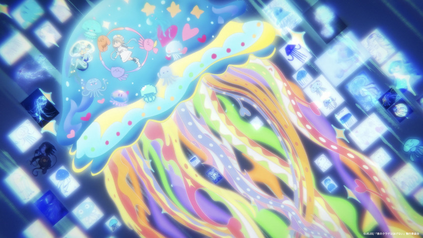 1girl 2girls barefoot beret blue_hair colorful commentary_request copyright_notice floating_hair hamunezuko_(nezukonezu32) hat highres jelee-chan multiple_girls official_art shirt short_sleeves umituki_yoru white_shirt yoru_no_kurage_wa_oyogenai
