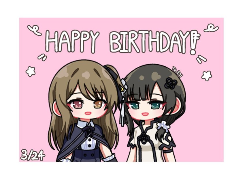2girls arm_cutout arm_strap arms_at_sides assault_lily black_capelet black_hair black_ribbon black_skirt blunt_bangs border brown_hair buttons capelet chibi collared_shirt commentary_request detached_sleeves flower gift_art green_eyes hair_flower hair_ornament hair_ribbon hair_scrunchie happy_birthday heterochromia high-waist_skirt korean_commentary kuo_shenlin looking_at_viewer low_side_ponytail multiple_girls neck_ribbon one_side_up parted_lips pink_background pink_eyes ribbon school_uniform scrunchie second-party_source shirt short_sleeves simple_background skirt smile star_(symbol) star_symbol_background suspender_skirt suspenders tassel tassel_hair_ornament upper_body wang_yujia white_border white_flower white_scrunchie white_shirt yellow_eyes yui_(yui1115_) yurigaoka_girls_academy_school_uniform