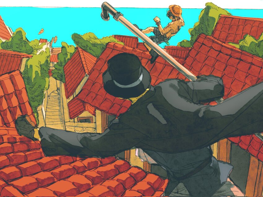 2boys ascot back_tattoo black_boots black_coat black_gloves black_hair black_hat black_shirt black_shorts blonde_hair boots bracelet building coat gloves hat highres holding holding_lead_pipe house jewelry lead_pipe leaff00 long_sleeves male_focus multiple_boys necklace on_roof one_piece outdoors portgas_d._ace rooftop sabo_(one_piece) shirt shorts sky straw_hat tattoo top_hat topless_male tree white_ascot