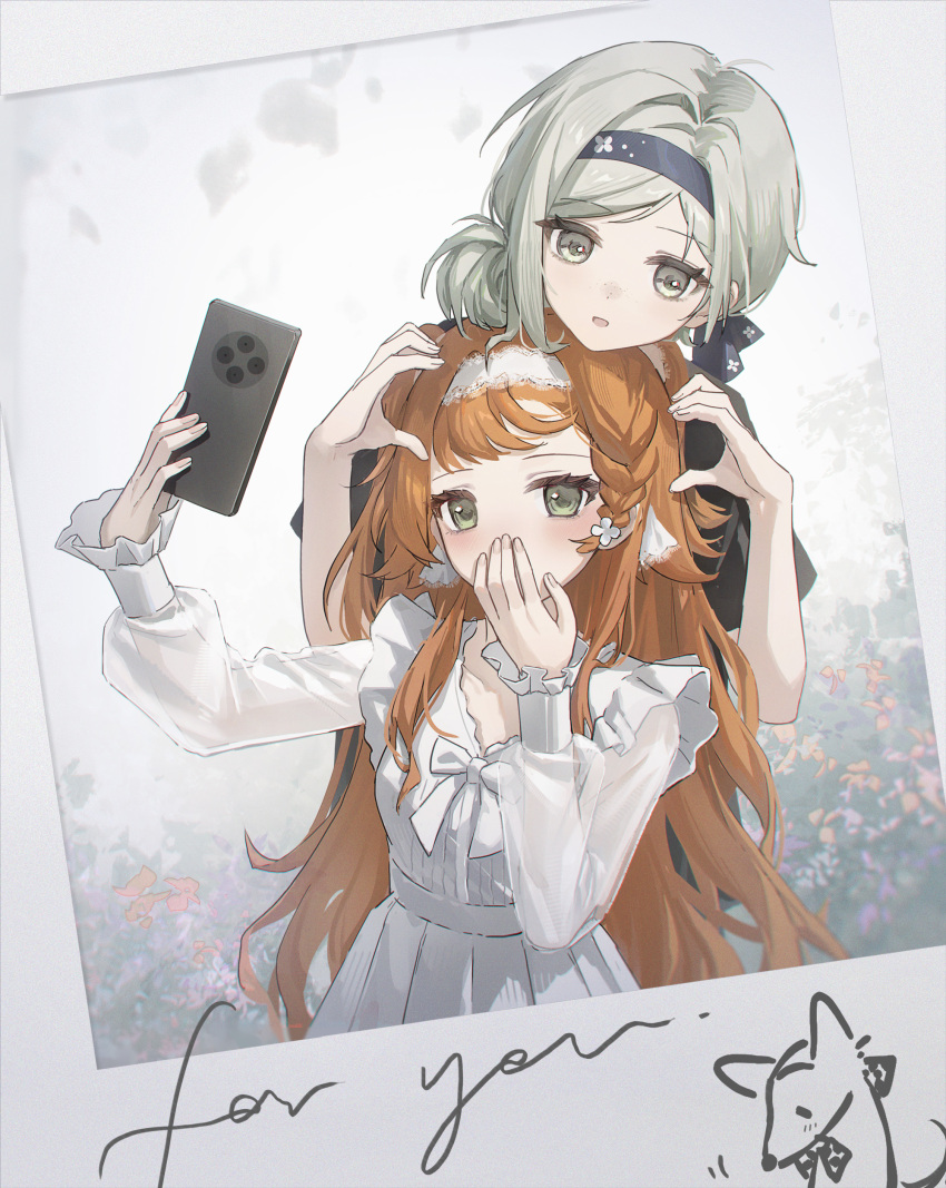 2girls :d absurdres alternate_costume black_hairband black_shirt bow bowtie bush cellphone chin_rest covering_own_mouth dress dutch_angle freckles green_eyes grey_eyes grey_hair hair_bun hairband hand_over_own_mouth hands_up head_on_head head_rest highres holding holding_phone long_hair long_sleeves looking_at_viewer multiple_girls open_mouth orange_hair phone polaroid_photo reverse:1999 see-through_clothes see-through_sleeves selfie shirt short_hair short_sleeves single_side_bun smartphone smile sonetto_(reverse:1999) vertin_(reverse:1999) white_bow white_bowtie white_dress white_hairband yukiri_(l_ii) yuri
