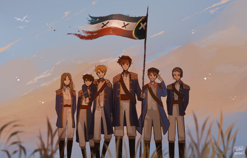 1girl 5boys black_footwear blue_coat brown_hair coat dream_smp flag fundy_(youtuber) hat headphones heinzdraws highres jack_manifold long_hair looking_at_viewer military_uniform minecraft_youtube multiple_boys nihachu pants real_life sky sunset tommyinnit tubbo white_pants wilbur_soot