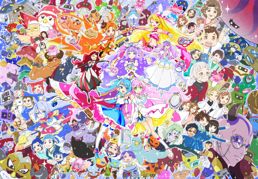 6+boys 6+girls amano_shouko apron ariri_(precure) ball baseball_(object) baseball_uniform beard beryberie bird black_hair blonde_hair blue_cape blue_eyes blue_hair blue_skirt bow brown_eyes brown_hair cape character_request commentary_request crown cure_butterfly cure_majesty cure_prism cure_sky cure_wing dragon ear_piercing ellee-chan everyone facial_hair fingerless_gloves food footwear_bow glasses gloves green_eyes green_hair grey_hair hair_ornament hat highres hijiri_ageha hirogaru_sky!_precure holding holding_ball holding_hands holding_sword holding_weapon horns japanese_clothes karuizawa_asahi miyata_midori monocle multiple_boys multiple_girls mustache nakata_tsumugi navel necktie nijigaoka_akira nijigaoka_mahiru nijigaoka_mashiro nijigaoka_yoyo noriccho! one_eye_closed open_mouth orange_gloves orange_hair ougi_kaname_(precure) overalls piercing pink_hair precure purple_eyes purple_hair red-framed_eyewear red_cape red_hair red_harewataru remi_harewataru sailor_collar santa_hat saotome_kaguya saotome_maria school_uniform shalala_(precure) shido_harewataru shinomiya_tamaki skirt sky_land&#039;s_king sky_land&#039;s_queen smile sora_harewataru sorashido_academy_school_uniform sportswear sword tasan weapon white_gloves yoshii_rui yuunagi_tsubasa