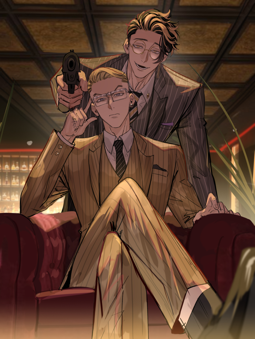 2boys absurdres adjusting_eyewear aiming aiming_at_viewer bar_(place) black_hair blonde_hair couch earrings formal_clothes hanma_shuuji haze_(ha_ze) highres jewelry kisaki_tetta looking_at_viewer multicolored_hair multiple_boys necktie pinstripe_pattern pinstripe_suit smile striped_necktie suit tokyo_revengers v-shaped_eyebrows