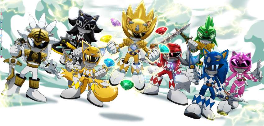 1girl 6+boys absurdres amy_rose black_bodysuit blue_bodysuit bodysuit caliburn_(sonic) chaos_emerald clenched_hands crossover dragon_ranger dutch_angle electricity furry furry_female furry_male gloves helmet highres holding holding_sword holding_weapon incredibly_absurdres jet_the_hawk kiba_ranger knuckles_the_echidna looking_at_viewer mammoth_ranger mighty_morphin_black_ranger mighty_morphin_blue_ranger mighty_morphin_green_ranger mighty_morphin_pink_ranger mighty_morphin_power_rangers mighty_morphin_red_ranger mighty_morphin_white_ranger mighty_morphin_yellow_ranger mistajonz multiple_boys multiple_tails pink_bodysuit power_rangers ptera_ranger red_bodysuit shadow_the_hedgehog silver_the_hedgehog sonic_(series) sonic_the_hedgehog standing super_sonic sword tail tails_(sonic) tiger_ranger tricera_ranger two_tails tyranno_ranger weapon white_bodysuit white_gloves